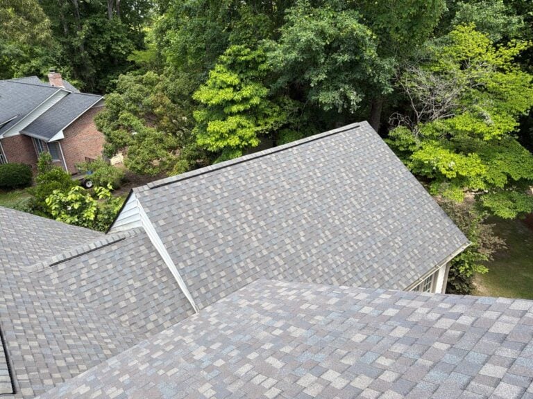 aerial view of a grey shingle roof
