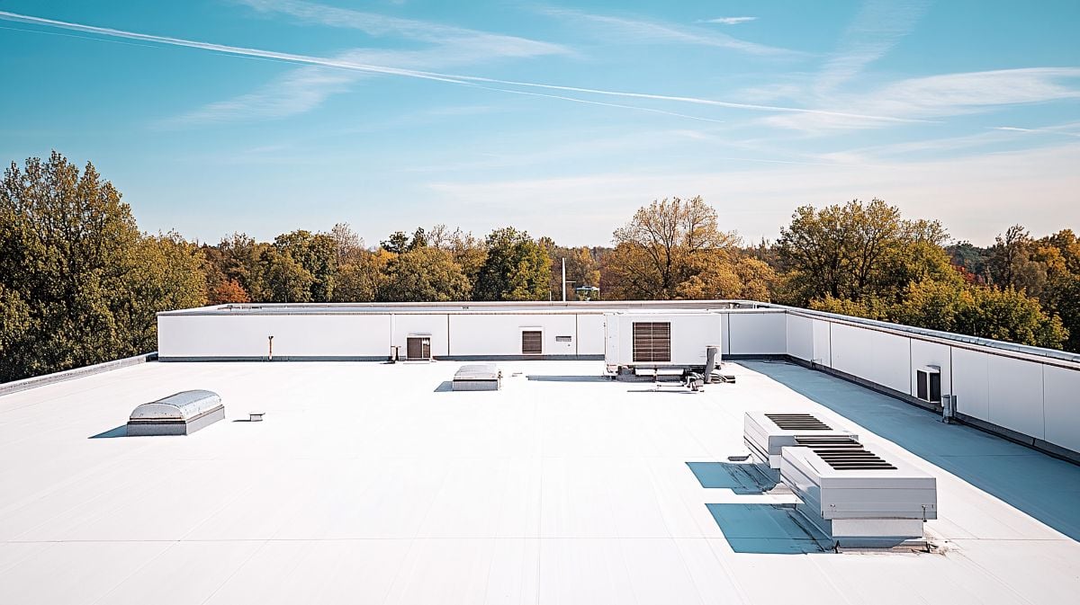 flat roof replacement cost big TPO white roof with HVAC